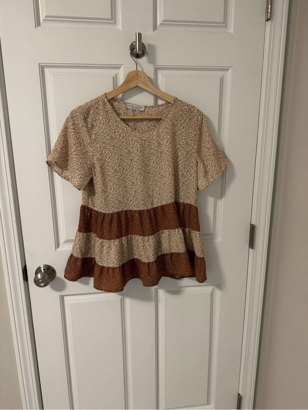 Paper Crane Cream and Brown Tiered Short-Sleeve Cottage Core Top